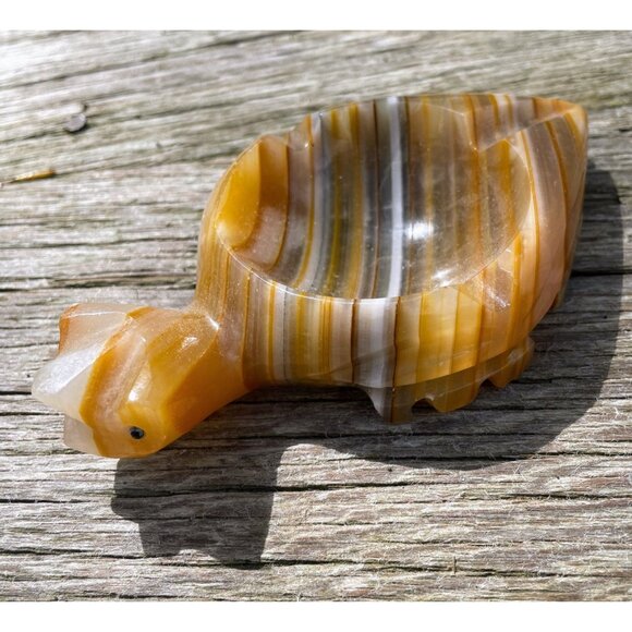 Vintage 1970s Carved Banded Onyx Turtle Ashtray - Picture 1 of 10